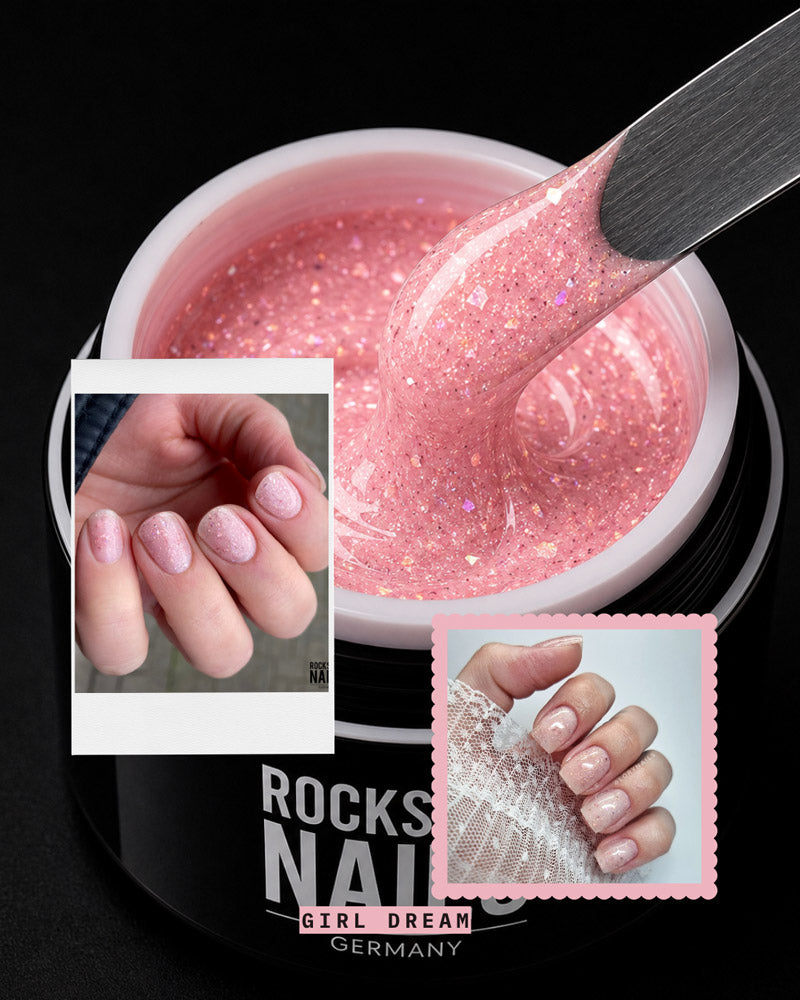 Rockstar Nails Girl Dream Gel in Rosa mit feinem Glitzer und fertigen rosa Dream Nails