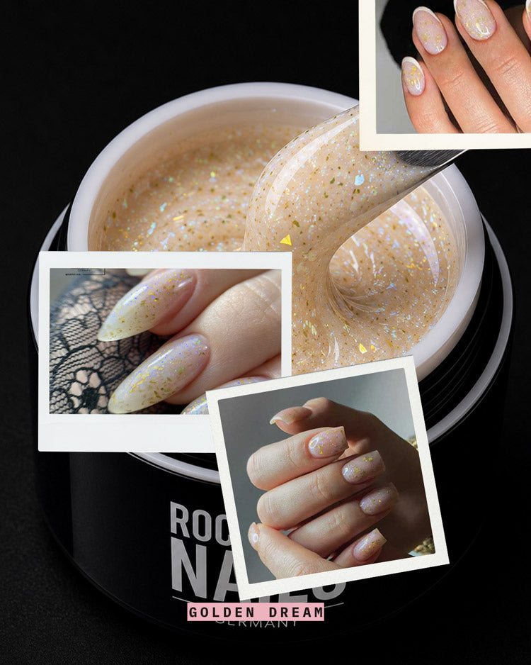 Rockstar Nails Golden Dream Gel mit goldenem Schimmer und fertigen Dream Nail Designs