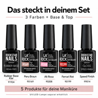 Rockstar Nails Starter Set mit Peru Braun 90169, Alt Rosa 90208, Ferrari Rot 90199, Rubber Base Klar und Speed Finish