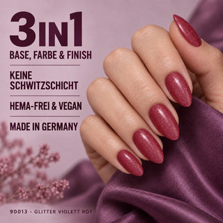 Violett-rote Glitzernägel mit Übersicht der Produkteigenschaften – Rockstar Nails 3in1 UV Gellack 90013, HEMA-frei und vegan.