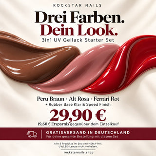 Rockstar Nails 3in1 UV Gellack Starter Set mit Peru Braun, Alt Rosa, Ferrari Rot, Rubber Base Klar und Speed Finish für 29,90 €. Gratisversand für die gesamte Bestellung innerhalb Deutschlands.