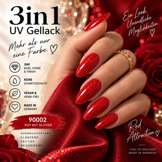 Rockstar Nails 90002 roter Glitzer 3in1 UV Gellack mit Base Farbe und Finish