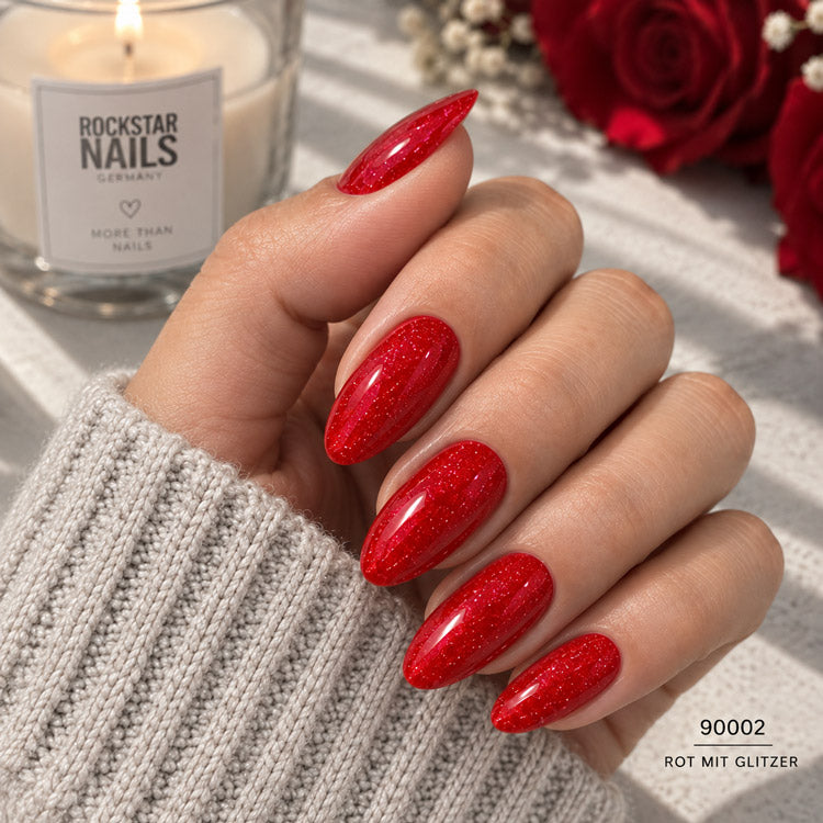 Fertiges Nageldesign mit 3in1 UV Gellack - 90002 - Starker Rot Ton Mit Rotem Glitzer Effekt