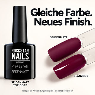 Rockstar Nails Seidenmatt Top Coat neben zwei bordeauxfarbenen Nageltips – dieselbe Farbe mit glänzendem und seidenmattem Finish.