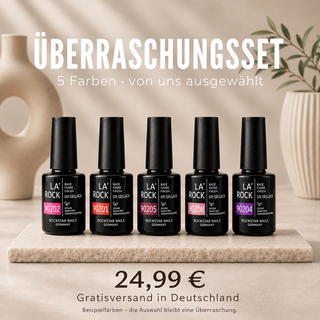 Fünf Gellack-Beispielfarben im Überraschungsset für 24,99 € inklusive Versand in Deutschland. Farbauswahl durch Rockstar Nails.