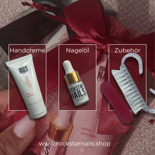 Weihnachtliches Pflegeset von Rockstar Nails – fertig verpackt im Velvet Red Design
